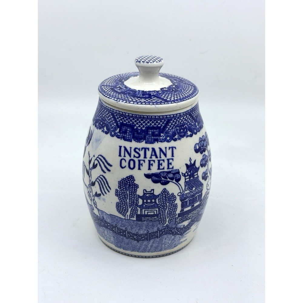 Rare Vtg Blue Willow Instant Coffee Ceramic Canister w/ Lid